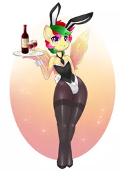 Size: 1050x1500 | Tagged: suggestive, artist:xorza, derpibooru import, oc, oc:attraction, unofficial characters only, anthro, pegasus, pony, alcohol, bunny suit, clothes, crossdressing, crotch bulge, cutie, femboy, male, smiley face, socks, solo, solo male, stockings, thigh highs, waiter