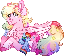 Size: 1024x895 | Tagged: safe, artist:artistcoolpony, derpibooru import, pinkie pie, rainbow dash, oc, pegasus, pony, chest fluff, doll, ear fluff, ethereal mane, female, lesbian, pegasus oc, pinkiedash, shipping, simple background, starry mane, toy, transparent background, wings