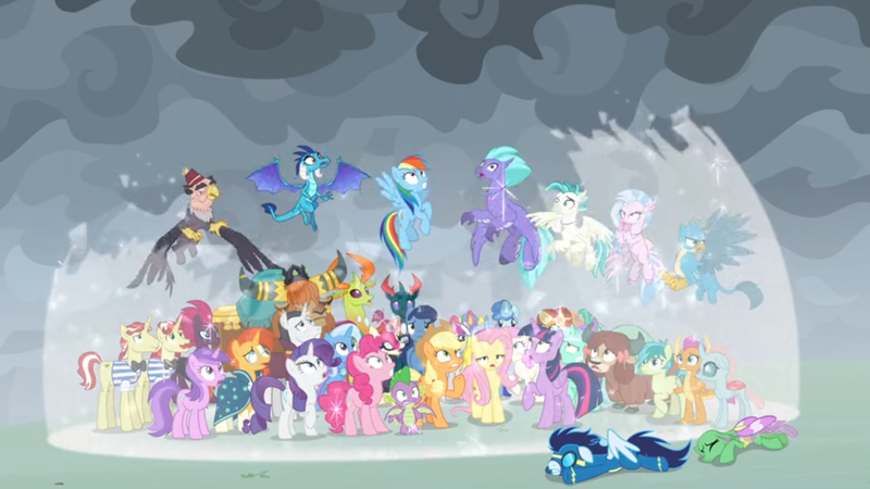 Size: 1366x768 | Tagged: safe, derpibooru import, screencap, amethyst star, applejack, chancellor neighsay, firelight, flam, flim, fluttershy, gallus, grampa gruff, lemon hearts, lyra heartstrings, moondancer, night light, ocellus, party favor, pharynx, pinkie pie, prince rutherford, princess ember, rainbow dash, rarity, sandbar, seaspray, silverstream, smolder, soarin', spike, stellar flare, sunburst, tempest shadow, terramar, thorax, trixie, twilight sparkle, twilight sparkle (alicorn), twilight velvet, yona, alicorn, changedling, changeling, classical hippogriff, dragon, earth pony, gryphon, hippogriff, pegasus, pony, unicorn, yak, the ending of the end, bow, bowtie, broken horn, cape, changedling brothers, clothes, cloven hooves, colored hooves, cowboy hat, dragon lord ember, dragoness, everycreature, female, fez, flim flam brothers, flying, glasses, glowing horn, goggles, hair bow, hat, horn, jewelry, king thorax, magic fail, male, mane seven, mane six, mare, monkey swings, necklace, prince pharynx, shield, shirt, student six, teenager, uniform, wall of tags, winged spike, wonderbolts, wonderbolts uniform