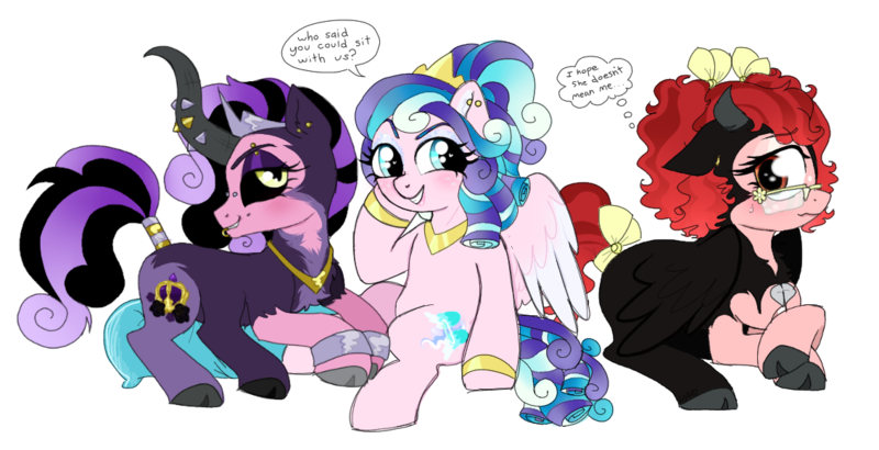 Size: 1133x581 | Tagged: artist:unoriginai, centaur, cute, derpibooru import, extra legs, female, glasses, hybrid, hybrid offspring, magical lesbian spawn, mean girls, oc, oc:aurora angelic, oc:hearth warming, oc:maleficent majesty, offspring, parent:cozy glow, parent:lord tirek, parent:princess flurry heart, parents:cozirek, parents:cozyheart, parents:flurrek, pegasus, safe, speech bubble, thought bubble, unofficial characters only
