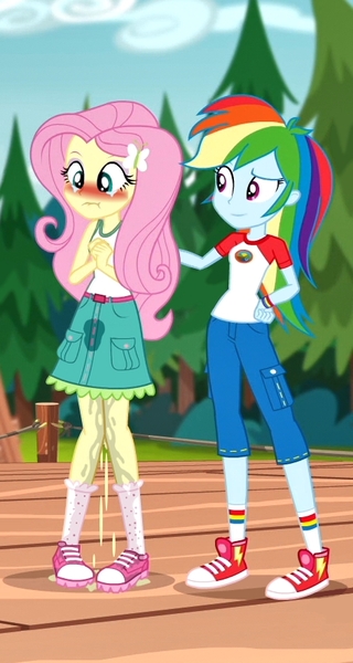 Size: 471x882 | Tagged: questionable, artist:the_real_me, deleted from derpibooru, derpibooru import, edit, edited screencap, screencap, fluttershy, rainbow dash, equestria girls, legend of everfree, accident, blushing, camp everfree outfits, clothes, comforting, converse, cropped, fetish, humiliation, pee edit, pigeon toed, pissing, pissing on self, pixiv, scrunchy face, shoes, skirt, sneakers, urine, watersports, wetting