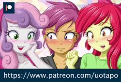 Size: 800x542 | Tagged: safe, artist:uotapo, derpibooru import, apple bloom, scootaloo, sweetie belle, equestria girls, growing up is hard to do, blushing, cutie mark crusaders, implied breasts, older, older apple bloom, older cmc, older scootaloo, older sweetie belle, paywall content