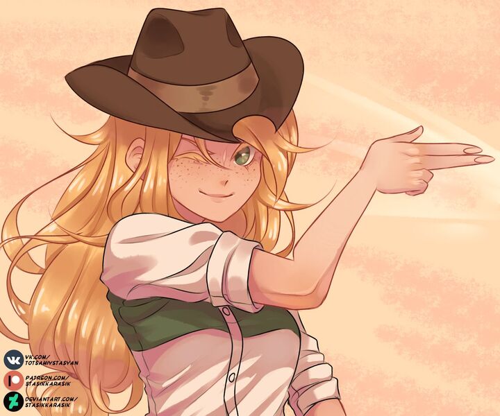 Size: 1280x1067 | Tagged: safe, artist:stasikkarasik, derpibooru import, applejack, human, equestria girls, bust, cowboy hat, cute, female, finger gun, freckles, hat, humanized, jackabetes, looking at you, one eye closed, smiling, smiling at you, solo, wink