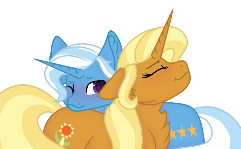 Size: 881x545 | Tagged: safe, artist:wispyaxolotl, derpibooru import, jack pot, sunflower spectacle, pony, blushing, chest fluff, female, husband and wife, jacktacle, male, shipping, starry eyes, straight, trixie's parents, wingding eyes