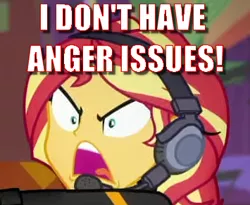 Size: 355x291 | Tagged: safe, derpibooru import, edit, edited screencap, screencap, sunset shimmer, equestria girls, equestria girls series, game stream, spoiler:eqg series (season 2), anger issues, blatant lies, caption, cropped, image macro, rageset shimmer, solo, text, yelling