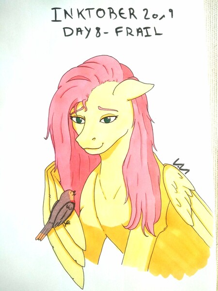 Size: 1560x2080 | Tagged: safe, artist:0-van-0, derpibooru import, fluttershy, bird, pegasus, pony, bust, floppy ears, inktober, inktober 2019, simple background, sitting on wing, smiling, traditional art, white background, wing hands, wings