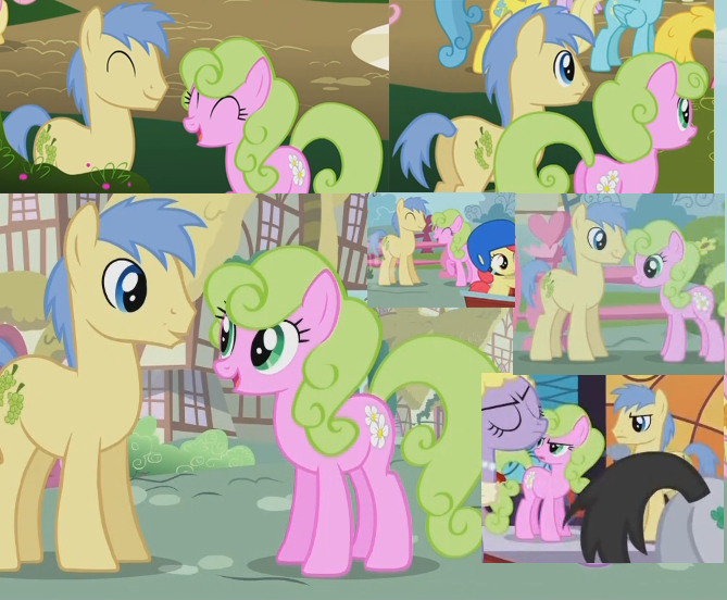 Size: 669x552 | Tagged: safe, derpibooru import, edit, edited screencap, screencap, apple bloom, cherry berry, daisy, flower wishes, goldengrape, lemon hearts, lucky clover, lyrica lilac, sassaflash, sir colton vines iii, earth pony, pegasus, pony, unicorn, ponibooru, dragonshy, the best night ever, the cutie mark chronicles, 2012, background pony, butt, collage, daisygrape, duo focus, female, happy, male, mare, plot, ponies standing next to each other, shipping, stallion, straight