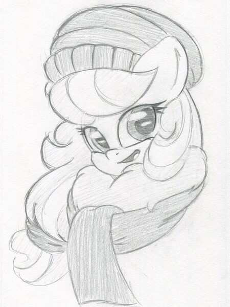 Size: 1572x2097 | Tagged: safe, artist:zemer, derpibooru import, oc, oc:feather belle, pony, beanie, chest fluff, clothes, fluffy, hair tie, hat, monochrome, open mouth, scarf, traditional art