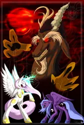 Size: 540x800 | Tagged: artist:thatwickedsmile, crying, derpibooru import, discord, draconequus, fangs, female, glowing eyes, glowing horn, grin, hoof shoes, horn, male, manipulation, mare, marionette, princess celestia, princess luna, puppeteer, rearing, red eyes, s1 luna, safe, smiling