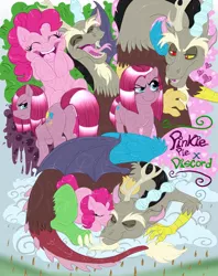 Size: 1024x1292 | Tagged: safe, artist:shalonesk, derpibooru import, discord, pinkie pie, draconequus, earth pony, pony, discopie, female, male, pinkamena diane pie, shipping, straight