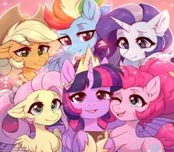 Size: 3000x2620 | Tagged: safe, artist:fensu-san, derpibooru import, applejack, fluttershy, pinkie pie, rainbow dash, rarity, twilight sparkle, twilight sparkle (alicorn), alicorn, earth pony, pegasus, pony, unicorn, the last problem, clothes, cute, ear fluff, end of ponies, female, mane six, mare, older, older applejack, older fluttershy, older mane six, older pinkie pie, older rainbow dash, older rarity, older twilight, one eye closed, open mouth, series finale, smiling