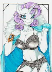 Size: 1173x1610 | Tagged: suggestive, artist:longinius, derpibooru import, rarity, anthro, unguligrade anthro, unicorn, the last problem, belly button, big breasts, bra, bracelet, breasts, busty rarity, cleavage, cloak, clothes, eyeshadow, female, frilly underwear, fur, garter belt, garters, gem, gold, gray underwear, huge breasts, jewelry, lace, lidded eyes, lingerie, looking at you, makeup, mare, older, older rarity, panties, satin, sexy, socks, solo, solo female, stockings, thigh highs, traditional art, underwear
