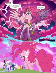 Size: 1230x1602 | Tagged: safe, derpibooru import, edit, idw, screencap, applejack, discord, fluttershy, pinkie pie, princess celestia, princess luna, rainbow dash, rarity, spike, starlight glimmer, twilight sparkle, twilight sparkle (alicorn), alicorn, pony, the ending of the end, spoiler:comic, spoiler:comic57, alicornified, bell, chaos magic, chaos pinkie, comparison, giant pony, grogar's bell, macro, mane six, oh crap, pinkiecorn, princess of chaos, race swap, uh oh, xk-class end-of-the-world scenario