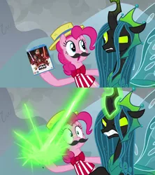 Size: 1920x2160 | Tagged: angry, blu-ray, chrysalis blasts things, clothes, crown, derpibooru import, edit, edited screencap, even evil has standards, facial hair, hat, jewelry, laser, magic, moustache, pinkie pie, queen chrysalis, regalia, safe, screencap, star wars, star wars: the last jedi, the ending of the end, ultimate chrysalis, wings