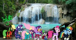 Size: 4096x2160 | Tagged: safe, artist:kayman13, derpibooru import, applejack, fili-second, fluttershy, humdrum, mane-iac, masked matter-horn, mistress marevelous, pinkie pie, radiance, rainbow dash, rarity, saddle rager, spike, twilight sparkle, twilight sparkle (alicorn), zapp, alicorn, pony, irl, looking at each other, looking at you, looking up, mane seven, mane six, photo, ponies in real life, power ponies, smiling, water, waterfall