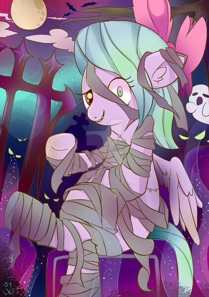 Size: 1024x1453 | Tagged: safe, artist:kumikoponylk, derpibooru import, flitter, bat, ghost, pegasus, pony, undead, clothes, costume, deviantart watermark, ear fluff, female, full moon, halloween, holiday, looking at you, mare, mismatched eyes, monster mare, moon, mummy, night, nightmare night, obtrusive watermark, solo, watermark