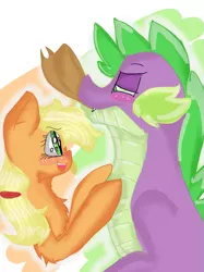 Size: 899x1200 | Tagged: safe, artist:cocolove2176, derpibooru import, applejack, spike, dragon, pony, accessory theft, applespike, blushing, cheek fluff, chest fluff, cute, female, leg fluff, male, mouth hold, older, older spike, open mouth, partial background, profile, shipping, straight