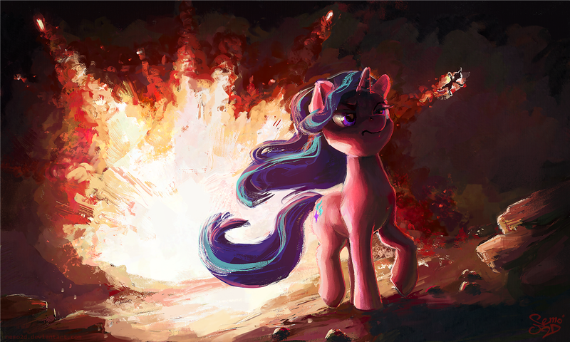 Size: 1500x900 | Tagged: safe, artist:nemo2d, derpibooru import, queen chrysalis, starlight glimmer, changeling, changeling queen, pony, unicorn, the ending of the end, badass, cool guys don't look at explosions, digital art, explosion, female, mare, scene interpretation, solo, walking away from explosion