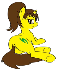 Size: 680x838 | Tagged: suggestive, artist:thesuitkeeper89, derpibooru import, oc, oc:leria, unofficial characters only, pony, unicorn, butt, female, looking back, mare, plot, ponytail, rear view, side, smiling at you, solo