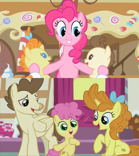 Size: 1280x1440 | Tagged: safe, derpibooru import, screencap, cheese sandwich, li'l cheese, pinkie pie, pound cake, pumpkin cake, pony, baby cakes, the last problem, awww, babysitting, bipedal, cake twins, cheesepie, dawwww, female, foal, foalsitting, full circle, heartwarming, male, older, older pound cake, older pumpkin cake, ponyville, shipping, siblings, straight, sugarcube corner, the magic of friendship grows, then and now, twins