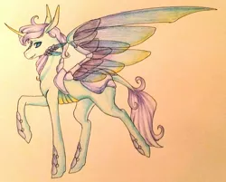 Size: 1024x823 | Tagged: artist:oneiria-fylakas, derpibooru import, male, oc, oc:modeo, original species, raised hoof, safe, solo, traditional art, transparent wings, unofficial characters only, wings, ytar