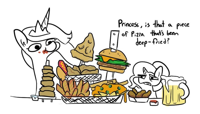 Size: 1008x576 | Tagged: safe, artist:tjpones, derpibooru import, luster dawn, princess twilight 2.0, twilight sparkle, twilight sparkle (alicorn), alicorn, pony, unicorn, the last problem, alcohol, beer, burger, callback, cheeseburger, chips, deep fried, dialogue, food, hamburger, hot dog, hot wings, lustie, meat, nachos, omnivore twilight, onion, onion ring tower, onion rings, partial color, pizza, ponies eating meat, sausage, this will end in weight gain, twiggie, twilight burgkle