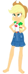 Size: 340x874 | Tagged: safe, artist:marcorois, derpibooru import, edit, editor:thomasfan45, applejack, equestria girls, equestria girls series, applejack's hat, barefoot, belt, blonde hair, clothes, cowboy hat, cute, denim skirt, edited vector, feet, freckles, geode of super strength, green eyes, hands on hip, hat, jackabetes, legs, looking up, magical geodes, ponytail, shirt, simple background, skirt, solo, stetson, t-shirt, vector, white background