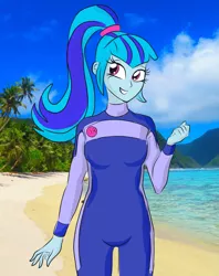 Size: 2549x3211 | Tagged: safe, artist:drunken bubblez, deleted from derpibooru, derpibooru import, sonata dusk, human, equestria girls, beach, beach babe, colored, female, ponytail, real world, solo, wetsuit