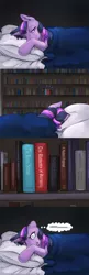 Size: 1280x3952 | Tagged: safe, artist:silfoe, derpibooru import, twilight sparkle, pony, unicorn, moonsetmlp, alternate universe, bed, blanket, book, comic, curse cut short, female, mare, pillow, solo, thought bubble, vulgar