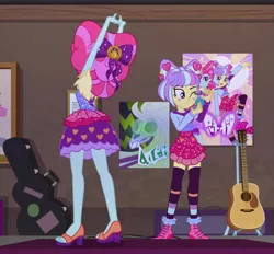 Size: 1163x1080 | Tagged: safe, derpibooru import, screencap, kiwi lollipop, supernova zap, equestria girls, equestria girls series, sunset's backstage pass!, spoiler:eqg series (season 2), acoustic guitar, applying makeup, bow, clothes, compact mirror, cropped, duo, duo female, feet, female, guitar, guitar case, hair bow, high heels, k-lo, legs, makeup, miniskirt, musical instrument, one eye closed, open-toed shoes, postcrush, poster, sandals, shoes, skirt, socks, stockings, stretching, su-z, thigh highs, time twirler, zettai ryouiki