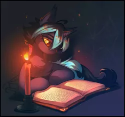 Size: 1845x1717 | Tagged: safe, artist:share dast, derpibooru import, oc, oc:crescent rune, unofficial characters only, hybrid, unicorn, book, candle, candlelight, chest fluff, simple background, solo, two toned mane