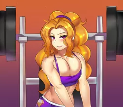 Size: 800x700 | Tagged: suggestive, artist:tzc, derpibooru import, part of a set, adagio dazzle, equestria girls, acardio dazzle, barbell, bedroom eyes, bench press, big breasts, blushing, breasts, busty adagio dazzle, cleavage, clothes, commission, female, human coloration, looking at you, midriff, muscles, open mouth, seductive, seductive look, seductive pose, solo, solo female, stupid sexy adagio dazzle, sweat, weights, workout, workout outfit