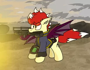 Size: 3000x2336 | Tagged: safe, artist:aaathebap, derpibooru import, oc, oc:aaaaaaaaaaa, unofficial characters only, bat pony, pony, fallout equestria, fanfic, bat pony oc, bat wings, clothes, ear fluff, fallout, fanfic art, fangs, hooves, male, pipbuck, solo, spread wings, stallion, vault suit, wings