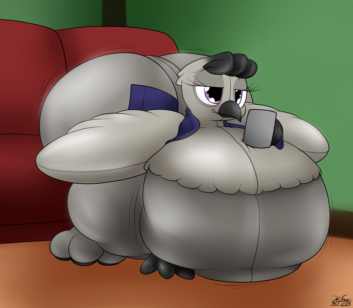 Size: 2738x2393 | Tagged: questionable, artist:the-furry-railfan, derpibooru import, octavia melody, gryphon, annoyed, belly, big belly, butt, clothes, couch, drinking, food, griffonized, huge belly, huge butt, impossibly large belly, impossibly large butt, indoors, inflatable, inflated wings, inflation, large butt, living inflatable, mug, octavia is not amused, paws, relaxing, robe, species swap, squishy, tea, transformation, unamused, valve, wings