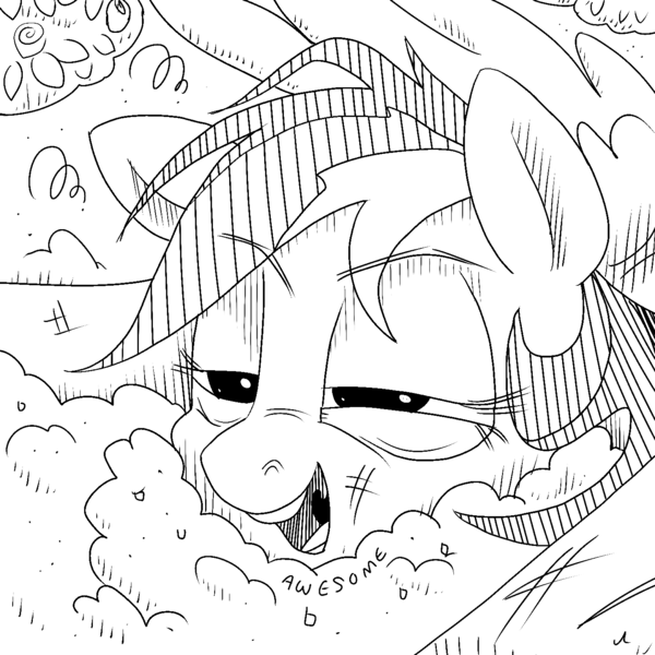 Size: 1440x1440 | Tagged: safe, artist:docwario, derpibooru import, rainbow dash, pegasus, pony, awesome, crash, crash landing, dashtober, female, mare, monochrome, open mouth, rainbow crash, sketch, solo, text