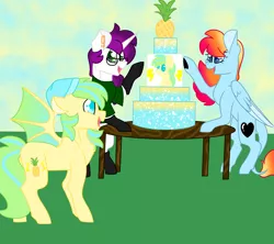 Size: 4500x4000 | Tagged: safe, artist:crazysketch101, derpibooru import, oc, oc:crazy looncrest, oc:electric pineapple, oc:seele, bat pony, pegasus, pony, unicorn, birthday, cake, food, party, pineapple
