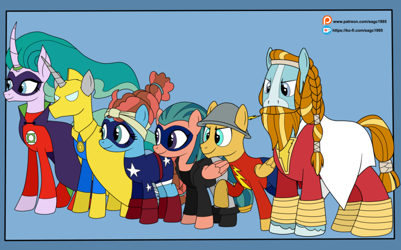 Size: 6000x3737 | Tagged: safe, artist:eagc7, derpibooru import, flash magnus, meadowbrook, mistmane, rockhoof, somnambula, star swirl the bearded, earth pony, pegasus, pony, unicorn, alan scott, beard, billy batson, black canary, cape, captain marvel, clothes, commission, costume, dc comics, dinah lance, doctor fate, facial hair, female, green lantern, hat, jacket, jay garrick, jewelry, justice society of america, ko-fi, male, mare, name joke, patreon, pillars of equestria, ring, shazam, shoes, simple background, stallion, stargirl, the flash