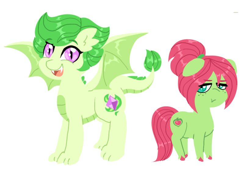 Size: 1046x756 | Tagged: safe, artist:purfectprincessgirl, derpibooru import, oc, oc:emerald gleam, oc:spring melody, dracony, dragon, earth pony, hybrid, pony, belly scales, bio in the source, claws, colored hooves, dragon wings, duo, fangs, female, filly, freckles, grumpy, interspecies offspring, mare, next generation, offspring, open mouth, parent:big macintosh, parent:fluttershy, parent:rarity, parent:spike, parents:fluttermac, parents:sparity, pouting, redesign, slit pupils, smiling, unshorn fetlocks, wings