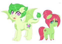 Size: 1046x756 | Tagged: safe, artist:purfectprincessgirl, derpibooru import, oc, oc:emerald gleam, oc:spring melody, dracony, dragon, earth pony, hybrid, pony, belly scales, bio in the source, claws, colored hooves, dragon wings, duo, fangs, female, filly, freckles, grumpy, interspecies offspring, mare, next generation, offspring, open mouth, parent:big macintosh, parent:fluttershy, parent:rarity, parent:spike, parents:fluttermac, parents:sparity, pouting, redesign, slit pupils, smiling, unshorn fetlocks, wings