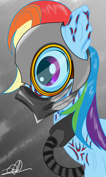 Size: 1542x2561 | Tagged: semi-grimdark, artist:stormythetrooper, derpibooru import, rainbow dash, pegasus, pony, burned, female, gas mask, mare, mask, solo, story included