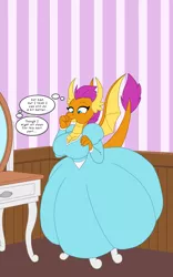 Size: 1250x2000 | Tagged: anthro, artist:runningtoaster, breasts, busty smolder, cartoon physics, chair, cleavage, clothes, comic:smoulder up, commission, derpibooru import, dialogue, dragon, dragoness, dress, female, growth, mirror, princess smolder, safe, samantha goldenwing, self inflation, smolder, solo, thought bubble, transformation