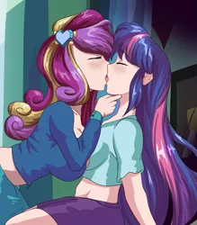 Size: 945x1080 | Tagged: suggestive, artist:thebrokencog, derpibooru import, princess cadance, twilight sparkle, human, equestria girls, breasts, busty princess cadance, dean cadance, digital art, eyes closed, female, females only, french kiss, human coloration, humanized, kissing, lesbian, shipping, sisters-in-law, twidance
