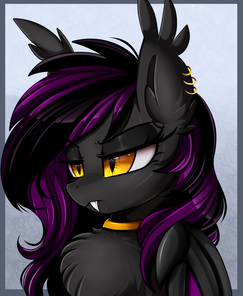 Size: 1446x1764 | Tagged: safe, artist:pridark, derpibooru import, oc, unofficial characters only, bat pony, pony, bat pony oc, bat wings, bust, chest fluff, commission, digital art, ear piercing, fangs, female, mare, piercing, portrait, solo, tsundere, unamused, wings