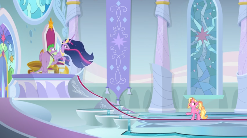 Size: 1366x768 | Tagged: safe, derpibooru import, screencap, luster dawn, princess twilight 2.0, spike, twilight sparkle, twilight sparkle (alicorn), alicorn, dragon, unicorn, the last problem, banner, canterlot throne room, carpet, column, crown, disbelief, female, gigachad spike, hoof shoes, jewelry, male, mare, medallion, older, older spike, older twilight, peytral, regalia, stained glass, stained glass window, throne, throne room, winged spike