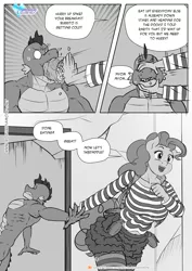 Size: 1200x1697 | Tagged: safe, artist:pia-sama, derpibooru import, pinkie pie, spike, anthro, dragon, earth pony, comic:rogue diamond, adult, adult spike, burrito, clothed female nude male, clothes, comic, dragging, female, food, force feeding, gigachad spike, grenade, hand grenade, hand on head, hands on head, holding head, male, mare, monochrome, older, older spike, pantyhose, pulling, speech bubble