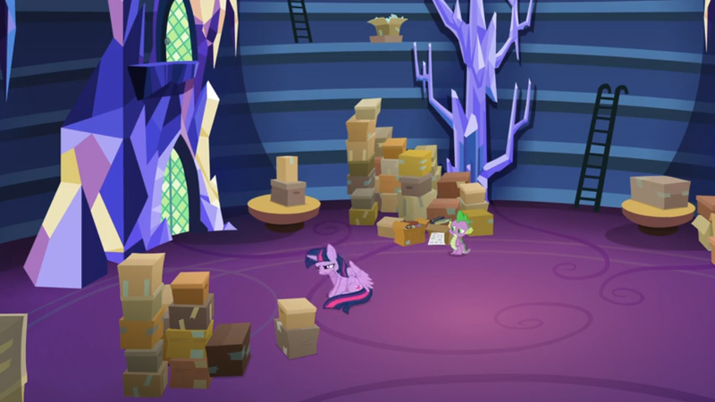 Size: 1366x768 | Tagged: alicorn, bookshelf, boxes, cardboard box, depressed, derpibooru import, dragon, ladder, sad, safe, screencap, sitting, spike, table, the last problem, twilight sparkle, twilight sparkle (alicorn), winged spike