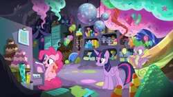 Size: 1366x768 | Tagged: safe, derpibooru import, screencap, pinkie pie, spike, twilight sparkle, twilight sparkle (alicorn), alicorn, dragon, earth pony, pony, the last problem, balloon, box, boxes, cabinet, cake, candy, candy corn, cupcake, disco ball, file cabinet, folder, food, graph, party cave, present, shelf, slide, winged spike