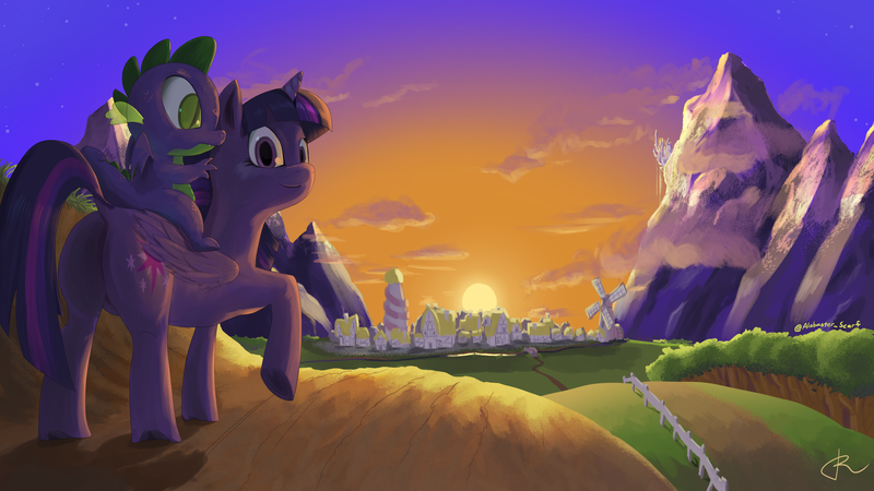 Size: 3840x2160 | Tagged: safe, artist:alabaster scarf, derpibooru import, spike, twilight sparkle, alicorn, dragon, canterlot, looking at you, mountain, mountain range, ponyville, scenery, sunset, twilight sparkle (alicorn), windmill, winged spike