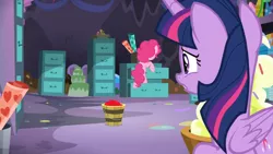 Size: 1366x768 | Tagged: safe, derpibooru import, screencap, pinkie pie, twilight sparkle, twilight sparkle (alicorn), alicorn, earth pony, pony, the last problem, cabinet, cake, cherry, filing cabinet, food, party cave, roll, sad