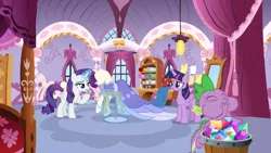 Size: 1366x768 | Tagged: alicorn, bed, bucket, carousel boutique, ceiling light, clothes, curtain, curtains, derpibooru import, dragon, dress, eating, gem, mannequin, mirror, rarity, roll, safe, screencap, shelf, spike, the last problem, twilight sparkle, twilight sparkle (alicorn), window, winged spike